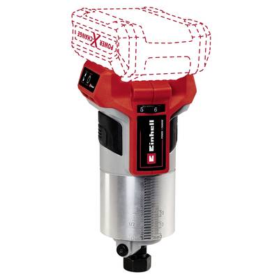 Ein kabelloses Elektrofräswerkzeug mit rotem Griff und angedeutetem Akku. Es zeigt Maßeinheiten und das Einhell-Logo.