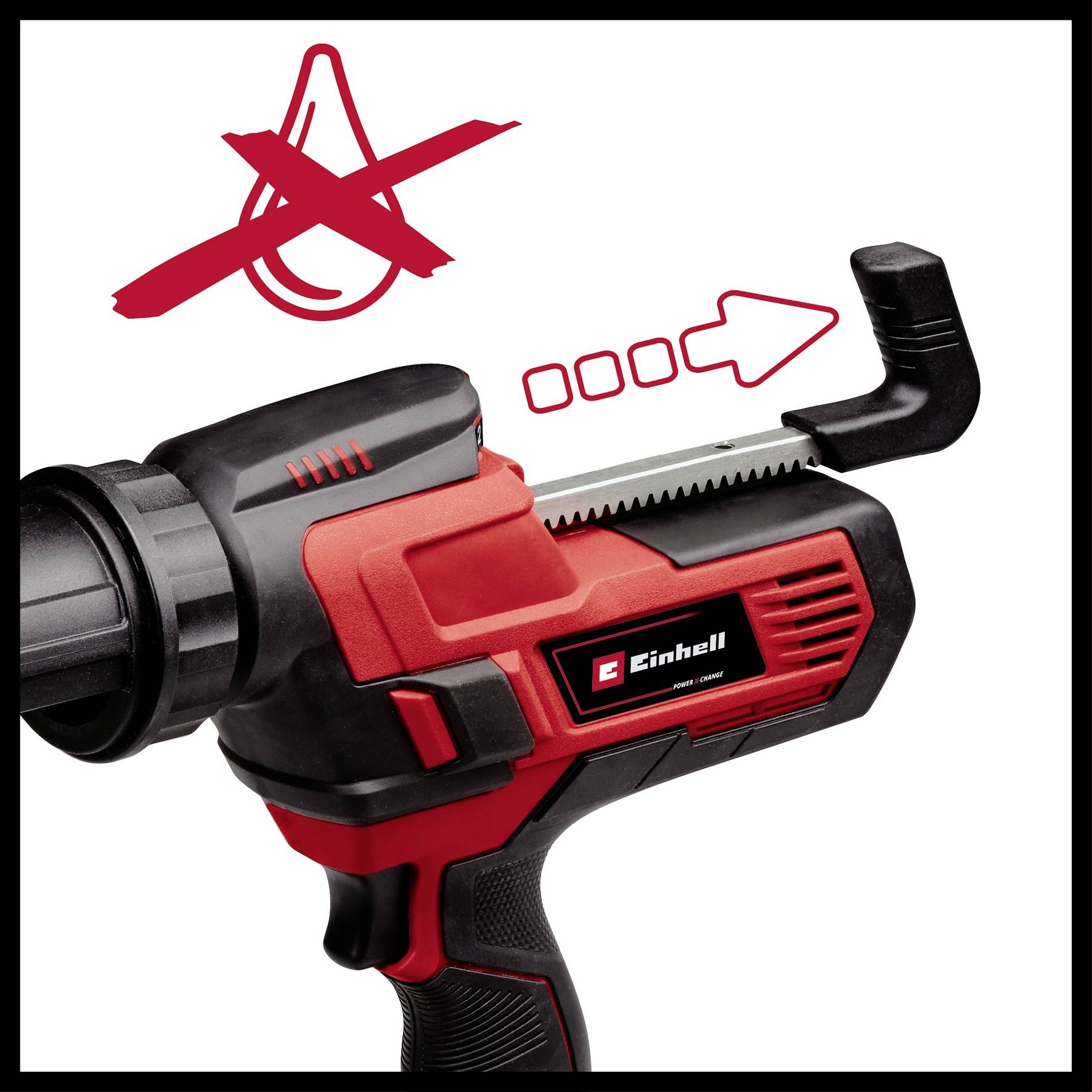 Ein rotes Elektrowerkzeug mit einem schwarzen Griff und einem Display. Ein Symbol zeigt, dass das Gerät ölfrei funktioniert.