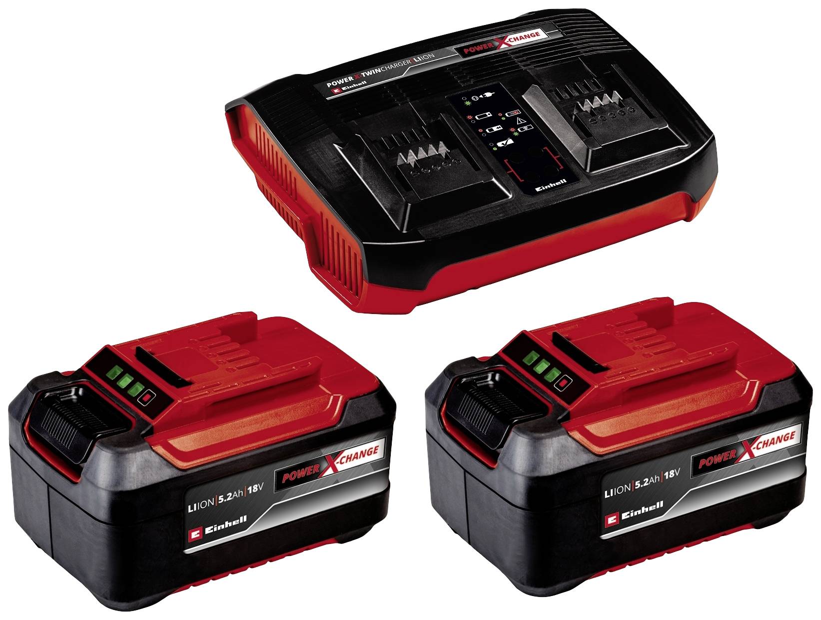 Akku-Ladegerät mit zwei rot-schwarzen Akkus. Geeignet für 18V Power X-Change-Serie, zeigt Ladezustand und ermöglicht simultanes Laden.