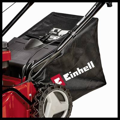 Ein Rasenmäher mit Fangkorb. Auf dem Fangkorb ist das Logo 'Einhell' sichtbar. Der Mäher hat robuste Räder und ein rotes Gehäuse.