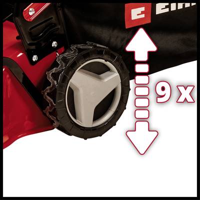 'Einhell' Rasenmäherrad neben symbolischem Pfeil für 9-fache Höhenverstellung.