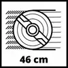 Das Bild zeigt eine schematische Darstellung einer runden Sägeklinge mit der Aufschrift '46 cm'. Die Klinge ist von Linien umgeben, die eine rotierende Bewegung andeuten.