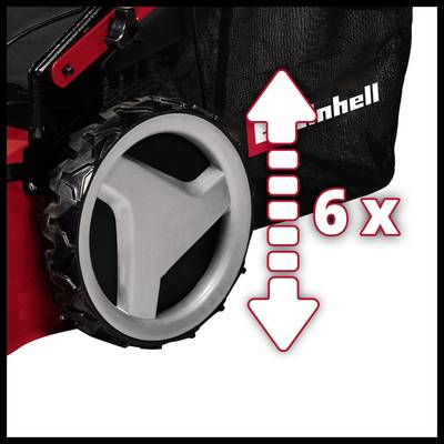 Rotes Geräte-Rad mit einem Text '6x' neben einem großen weißen Pfeil, der nach unten zeigt. Der Markenname ist teilweise sichtbar.