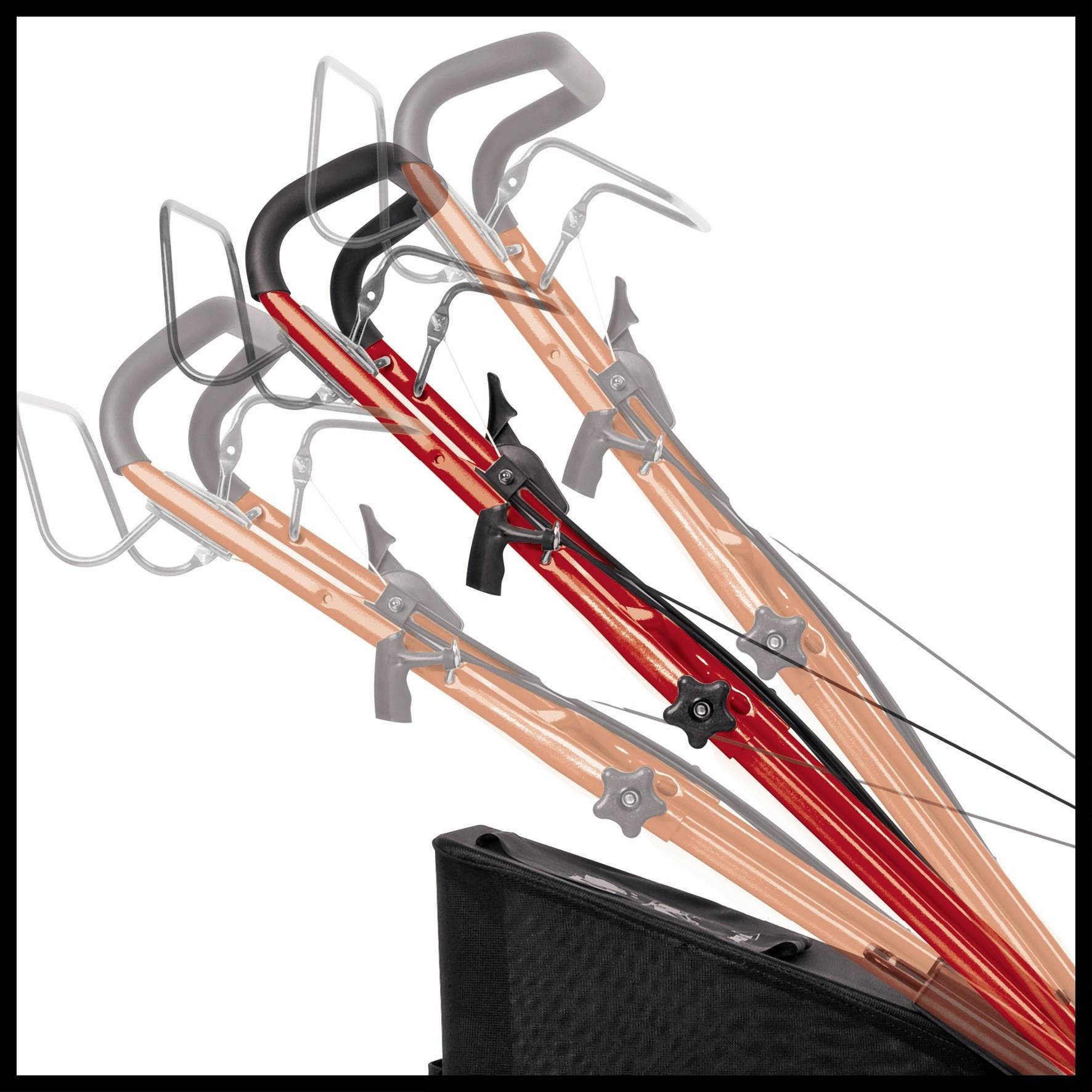 Drei Gartenwerkzeuge mit verstellbaren Griffen in verschiedenen Winkeln, die Flexibilität bei der Handhabung zeigen.