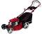 Roter Rasenmäher mit schwarzem Griff und Fangkorb, geeignet zum Mähen von mittelgroßen bis großen Rasenflächen.