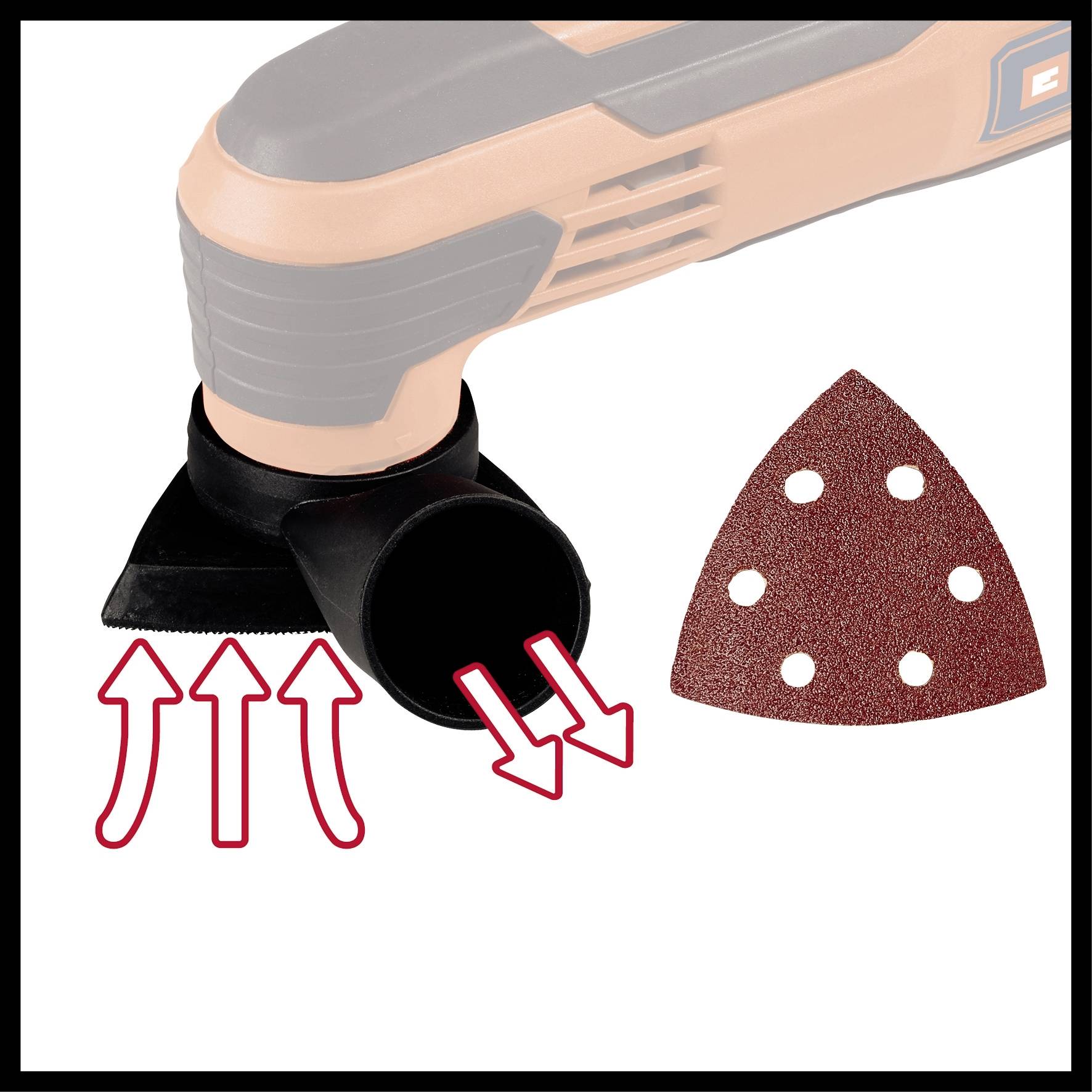 Elektrowerkzeug mit dreieckigem Schleifaufsatz und rotbraunem Schleifpapier; Pfeile zeigen Luftstrom zur Staubabsaugung an.