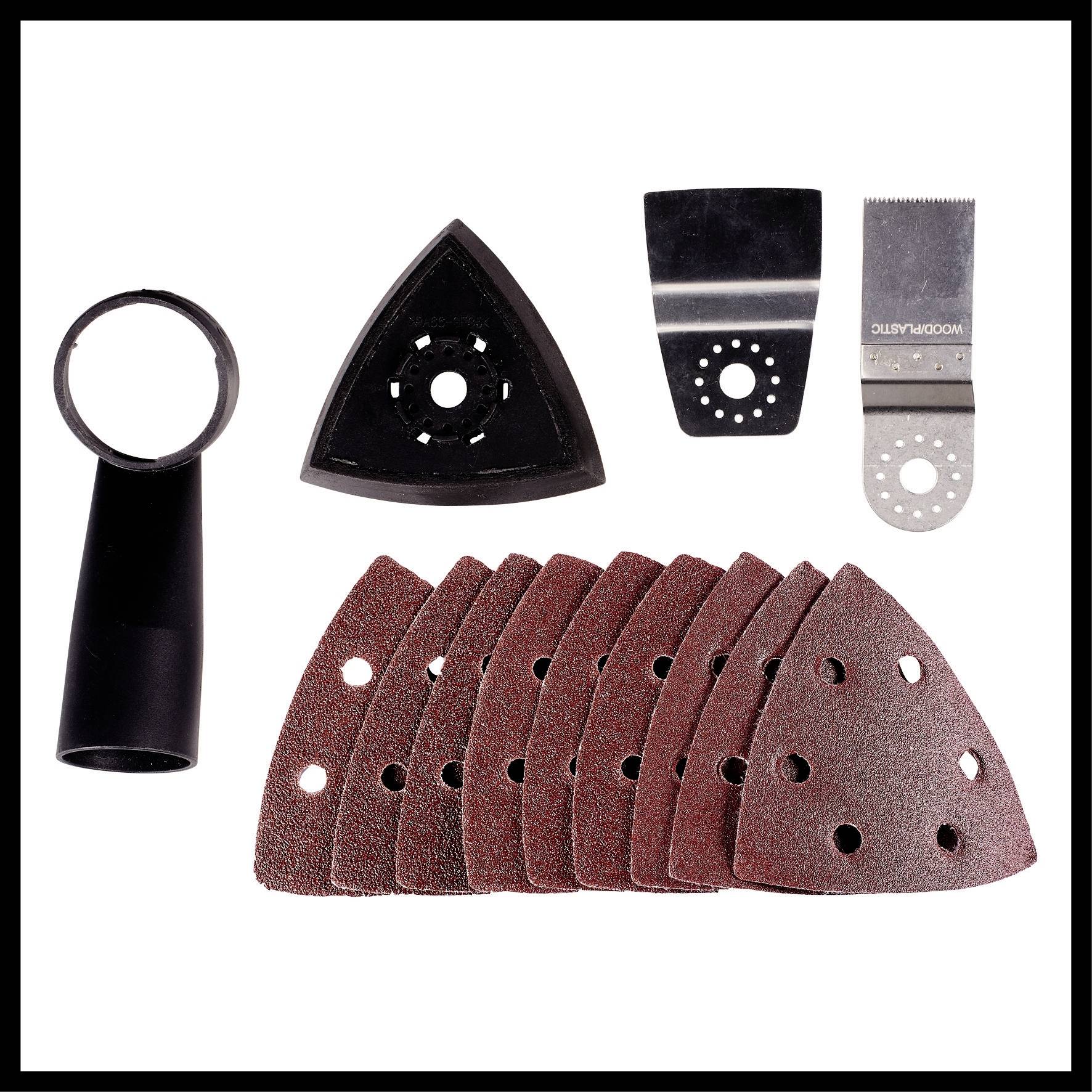 Ein Set von Schleifzubehörteilen für Multifunktionswerkzeuge, darunter Schleifblätter, Schleifplatte, Schleifmesser und ein Adapter.
