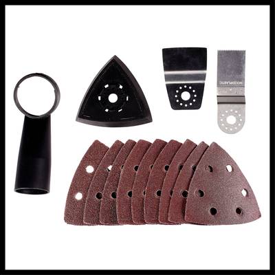 Ein Set von Schleifzubehörteilen für Multifunktionswerkzeuge, darunter Schleifblätter, Schleifplatte, Schleifmesser und ein Adapter.