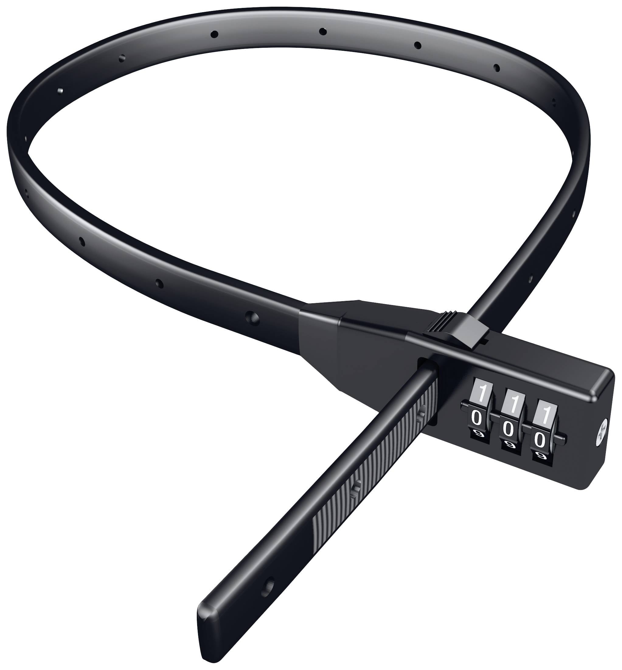 Ein schwarzes Zahlenkombinationsschloss mit gewinkeltem, flexiblem Band, zeigt die Zahlen '1-1-1'. Geeignet zum Befestigen oder Verriegeln.