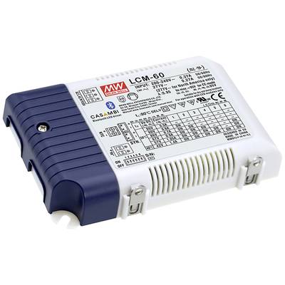Ein rechteckiges elektronisches Gerät, bezeichnet als 'LCM-60', enthält ein detailliertes Etikett mit technischen Spezifikationen und Symbolen.