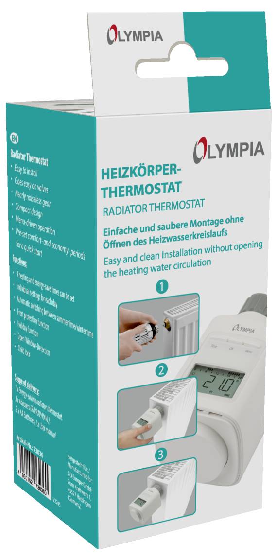 'Heizkörper-Thermostat von Olympia in Verpackung. Einfach zu installieren ohne den Heizwasserkreislauf zu öffnen.'