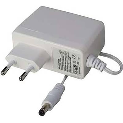 Weißes Netzteil mit rundem Stecker und zwei Eurostiften. Kabel ist in Spiralen gewickelt, technische Spezifikationen aufgedruckt.