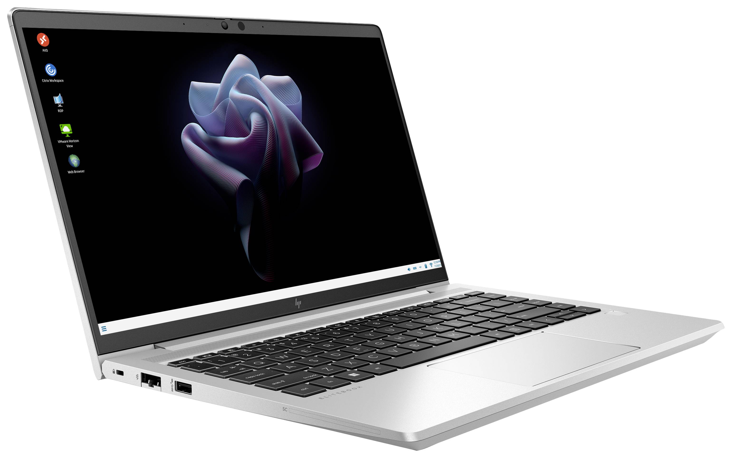 Ein silberner Laptop von links abgebildet, geöffnet mit einem schwarzen Bildschirmhintergrund und buntem, abstraktem Design.