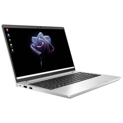 Ein silberner Laptop von links abgebildet, geöffnet mit einem schwarzen Bildschirmhintergrund und buntem, abstraktem Design.