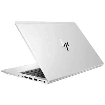 Silberner Laptop leicht geöffnet, zeigt linke Seitenanschlüsse und Tastatur. Elegantes, modernes Design mit reflektierendem Logo.
