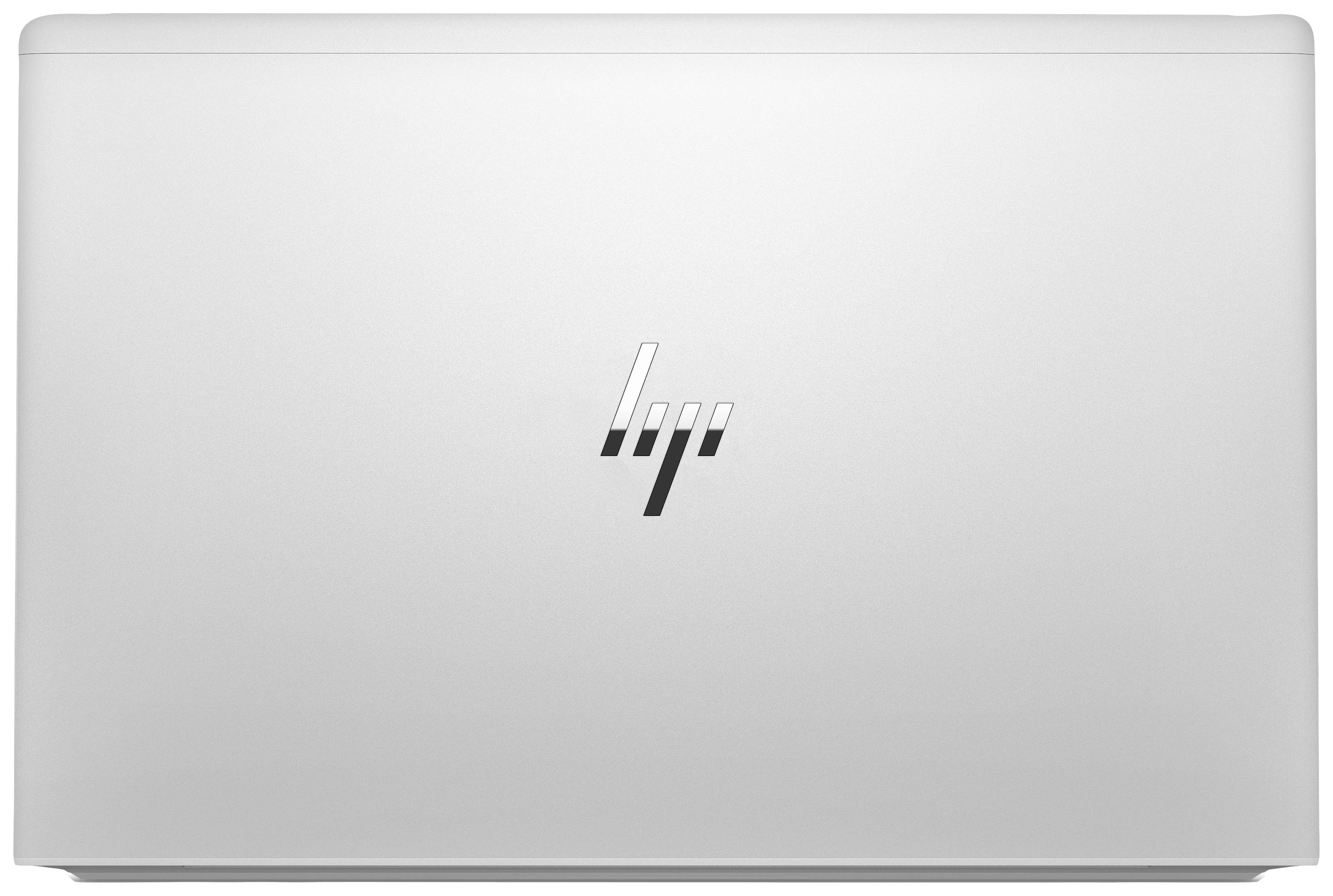 Silberner Laptop mit einem schlichten Logo in der Mitte des Gehäuses.