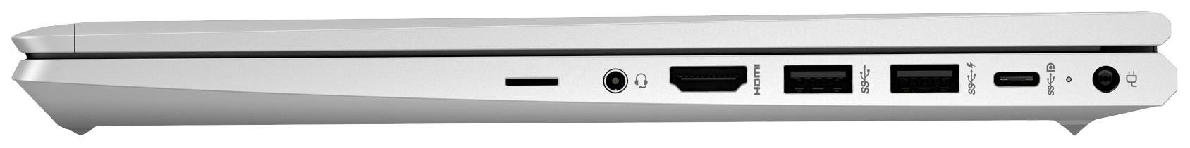 Ein Laptop von der Seite mit Anschlüssen: USB, HDMI und Audiobuchse. Das schlanke Design ist sichtbar.