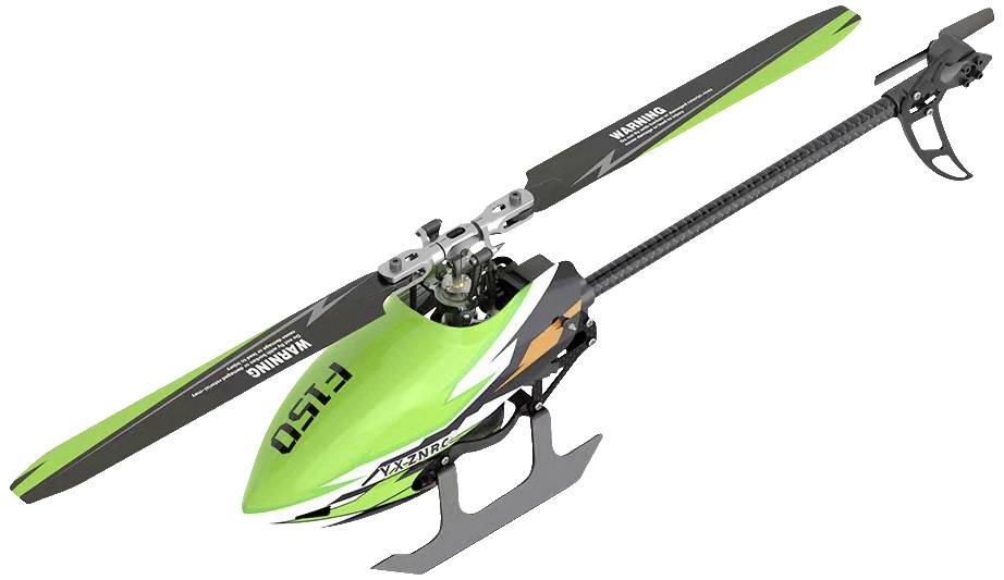 Ein grüner Modellhubschrauber mit zwei Rotorblättern und einem Schwanzrotor. Die Aufschrift auf dem Körper lautet 'F150'.