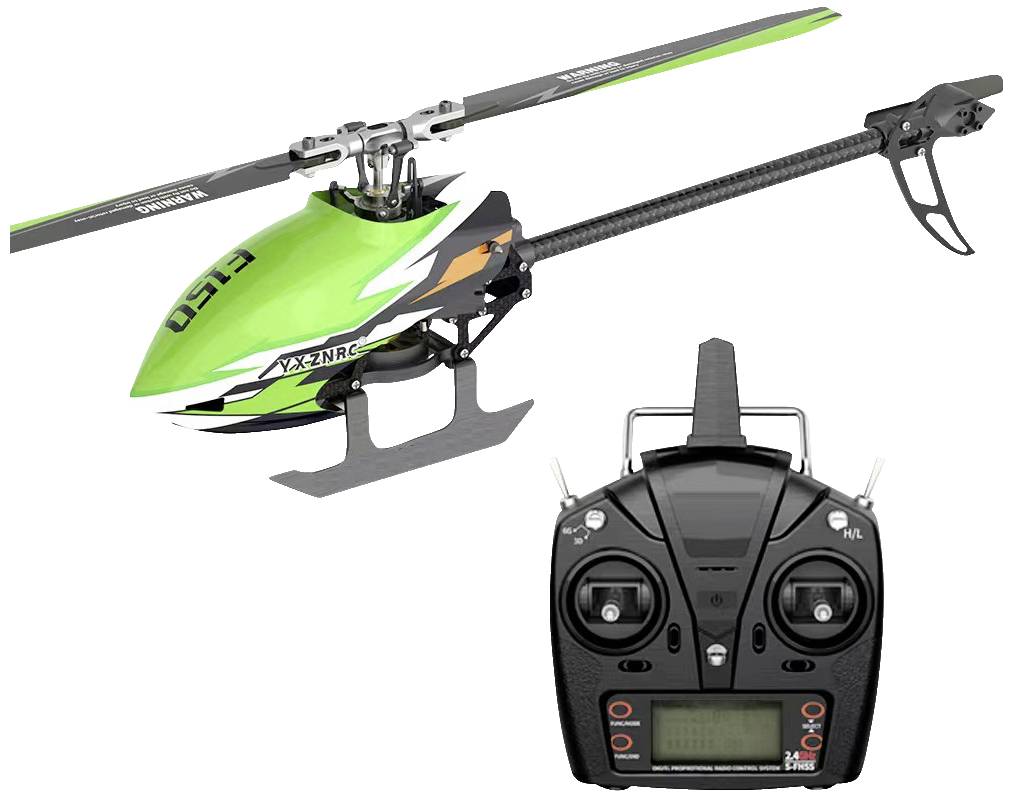 Ein grüner ferngesteuerter Hubschrauber mit schwarzem Sender.