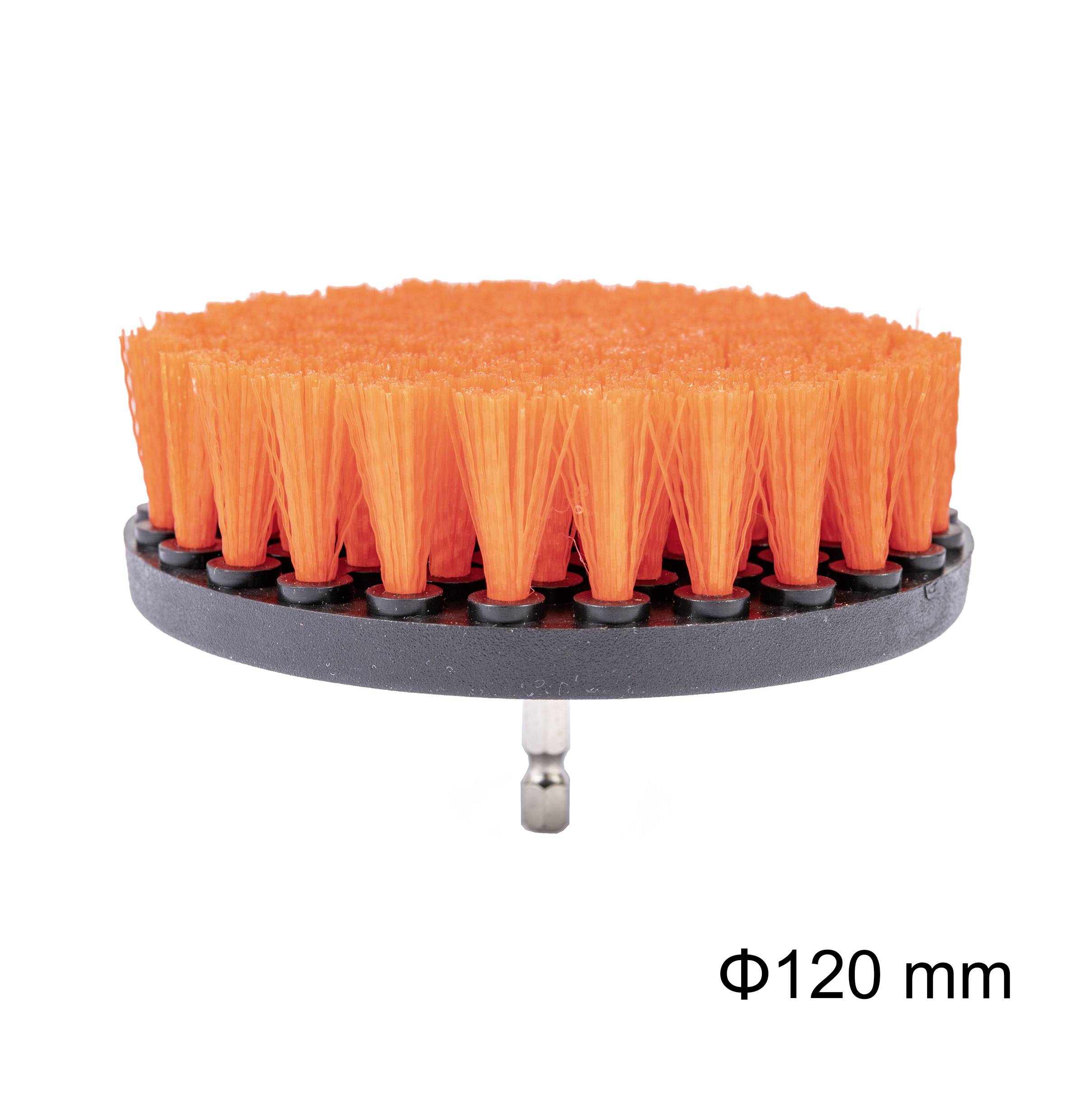 Orange Bürstenaufsatz für Bohrmaschine, Durchmesser 120 mm, mit Metallbefestigung.