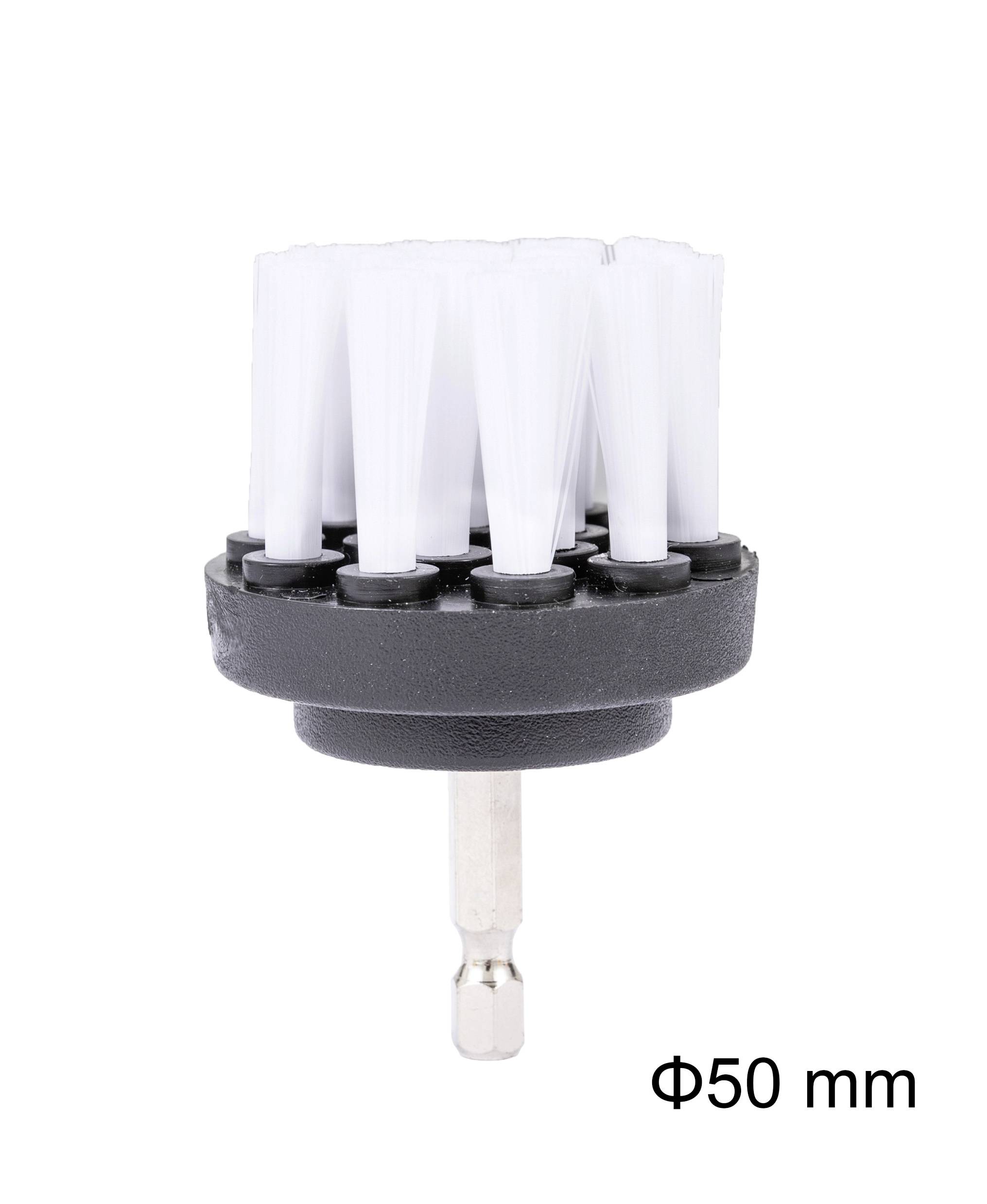 Reinigungsbürstenaufsatz mit weißen Borsten, Durchmesser 50 mm, für Bohrmaschine.