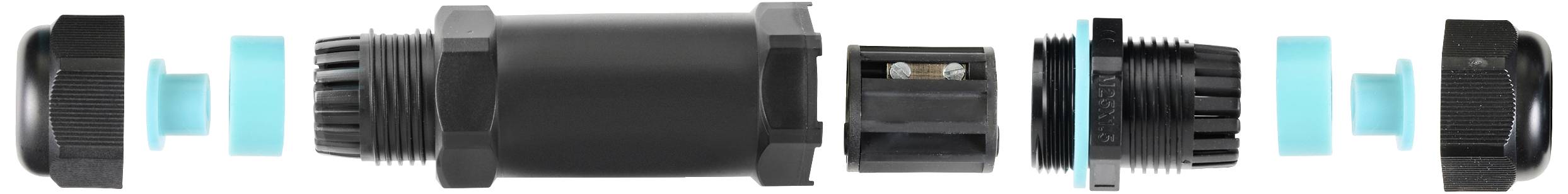 Explosionszeichnung eines Kabelverbindungselements mit mehreren Einzelteilen, die verschiedene Verbindungsteile und Abdichtungen zeigen.