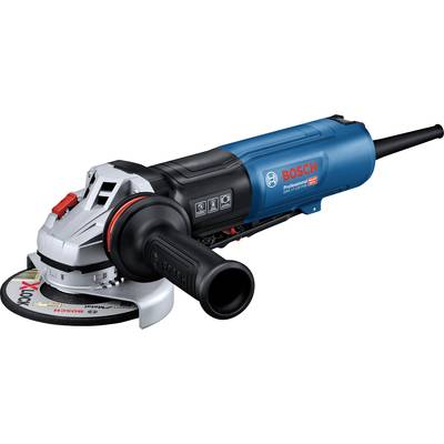 Ein blauer Winkelschleifer der Marke Bosch mit einer montierten Trennscheibe, schwarzem Griff und Kabel.