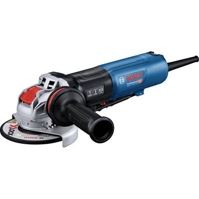 Ein blauer Winkelschleifer mit rotem Schalter und schwarzem Griff. Text 'BOSCH Professionelle' auf dem Gerät.