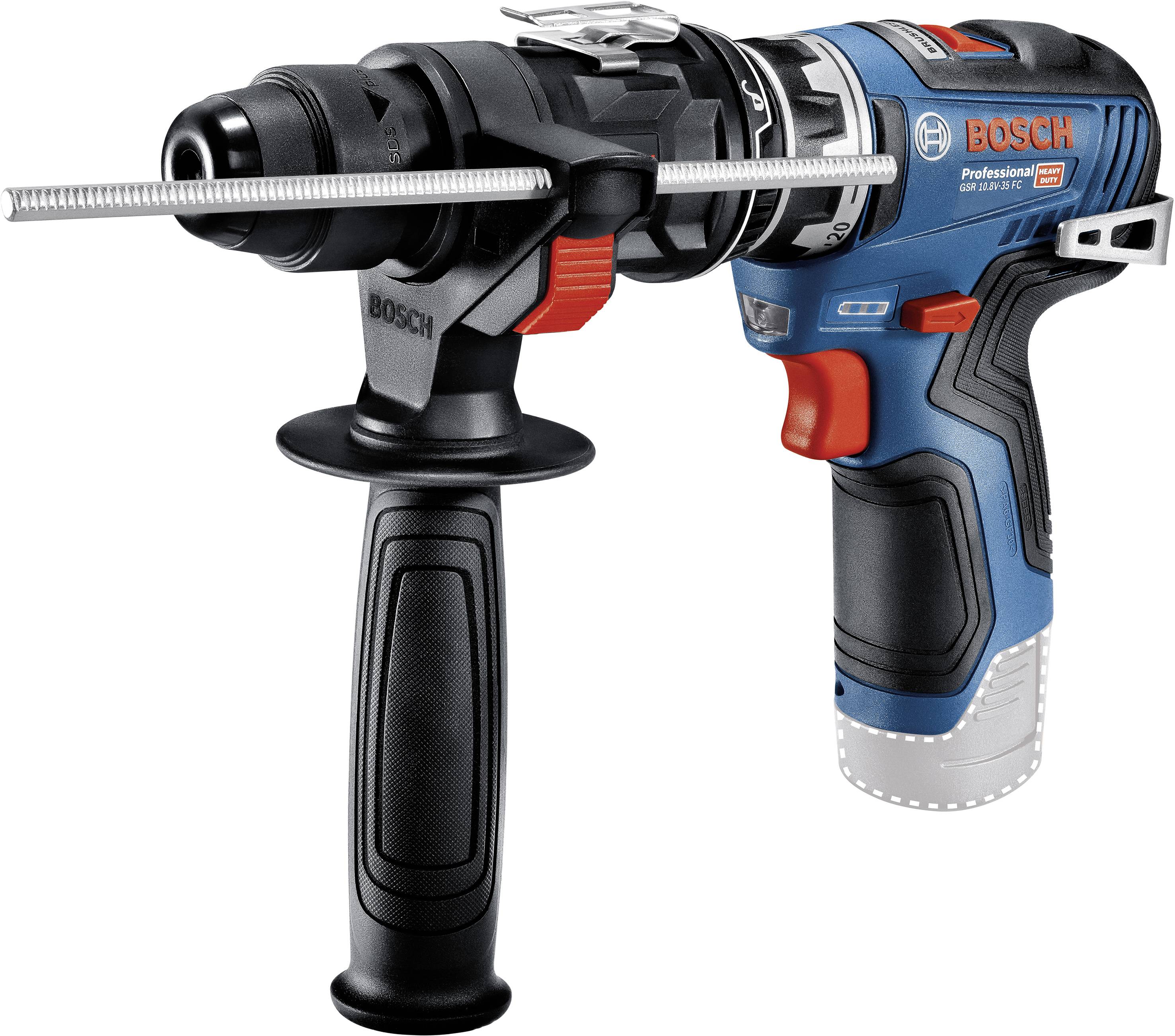 Akkubohrhammer mit blau-schwarzem Gehäuse und orangefarbenen Akzenten. Ausgestattet mit zusätzlichem Handgriff für besseren Halt.