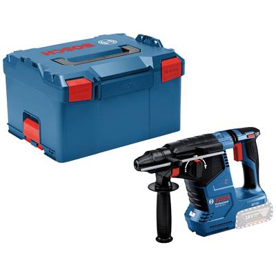 Ein blauer Bosch Akkubohrhammer mit schwarzem Griff und ein passender Transportkoffer daneben. Der Bohrer ist 18V und kabellos.
