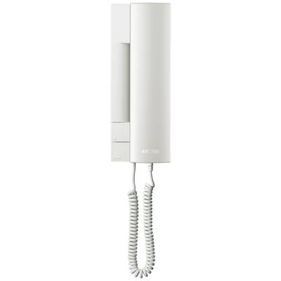 Ein weißes Telefon mit Hörer und gewendeltem Kabel an der Wand montiert.