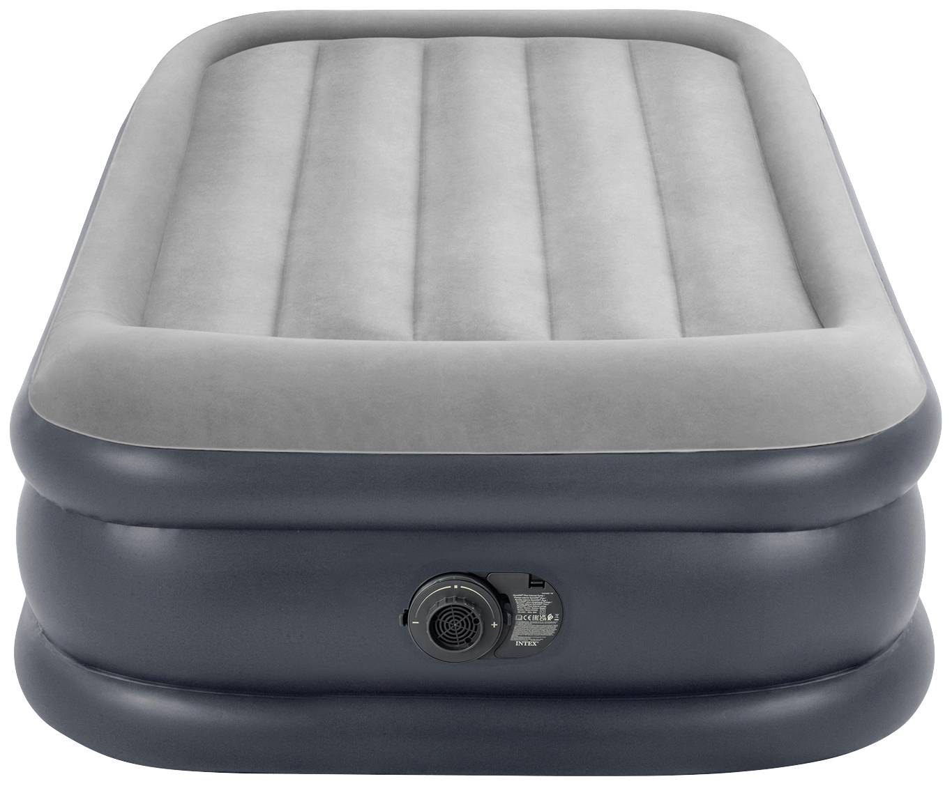 Eine graue und dunkelblaue Luftmatratze mit integriertem Pumpenventil, geeignet für den Innenbereich.