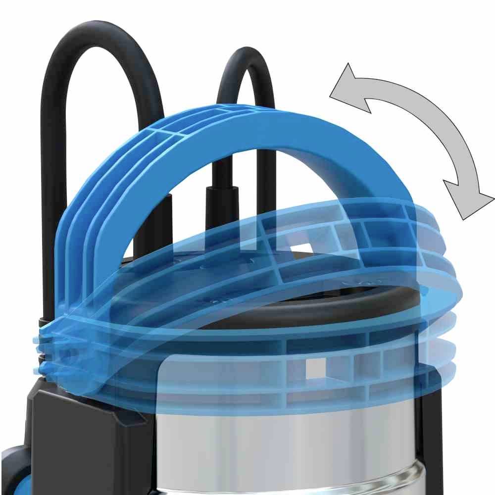 Eine Wasserpumpe mit einem blauen Tragegriff, der schwenkbar ist. Ein grauer Pfeil zeigt die Bewegung des Griffs an.