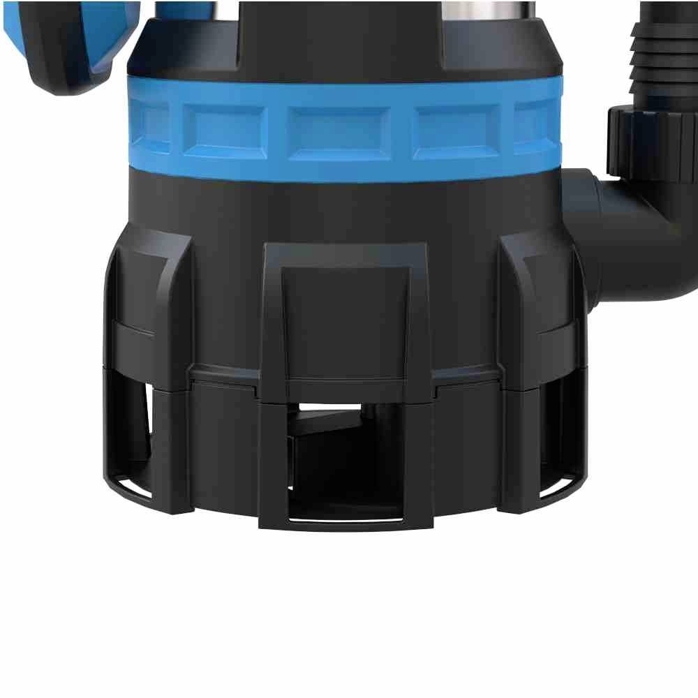 Das Bild zeigt eine schwarz-blaue Pumpe mit einem rechteckigen Auslassrohr auf der rechten Seite.