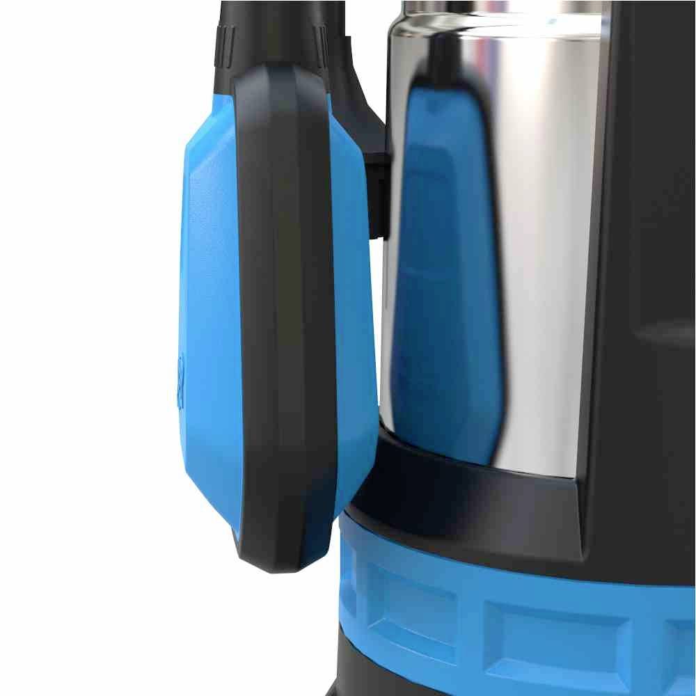 Nahaufnahme eines Teils eines blauen und schwarzen Geräts mit glänzender Metallfläche, möglicherweise ein Haushalts- oder Elektrogerät.