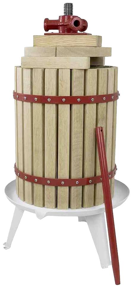 Eine traditionelle Holz-Weinpresse mit roten Metallbändern und einer Spindelpresse oben, benutzt zur Herstellung von Traubensaft oder Wein.