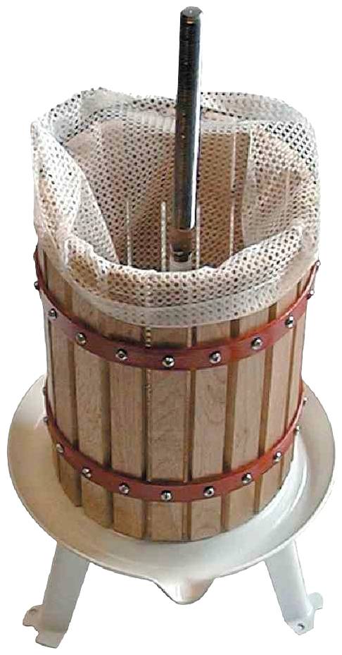 Holzkelter mit Metallträgern, verwendet zur Saftgewinnung aus Obst.