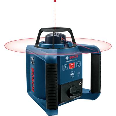 Ein Bosch-Lasergerät mit 360-Grad-Drehung zeigt eine rote Linie und einen Punkt. Professionelles Werkzeug für Bau- und Messarbeiten.