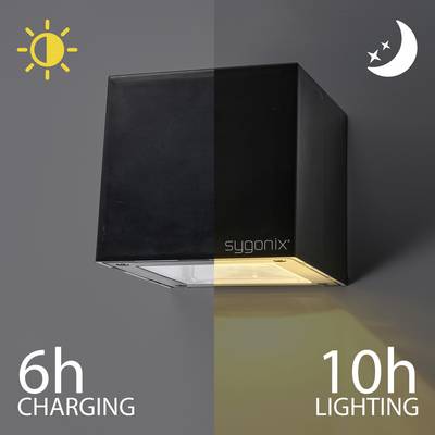 Eine schwarze Lampe zeigt die Funktionen: Aufladen bei Sonnenlicht (6h) und Beleuchtung bei Nacht (10h). Sonnen- und Mondsymbole.