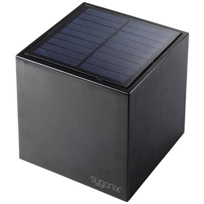 Ein schwarzer Würfel mit einer Solarpanel-Oberseite. Auf der Vorderseite steht das Wort 'sygonix'.