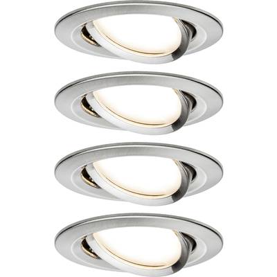 Vier runde, silberne, schwenkbare Einbaudeckenstrahler mit LED-Leuchtmitteln. Sie strahlen warmweißes Licht aus.