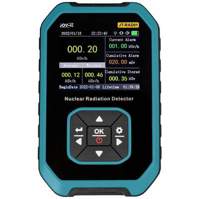 Ein blauer Geigerzähler mit digitalem Display zeigt 'Nuclear Radiation Detector', aktuelle und kumulative Strahlungswerte in µSv/h.