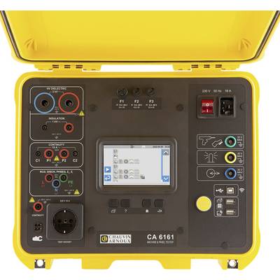Tragbares Prüfgerät für elektrische Tests mit Touchscreen und verschiedenen Anschlüssen, Knöpfen und Kontrollanzeigen zur Analyse.