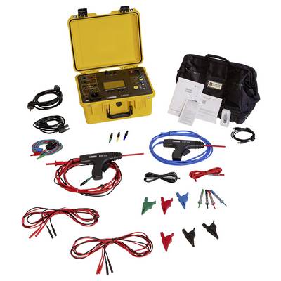 Ein gelbes Elektronik-Messgerät im Koffer mit Zubehör: Kabel, Clips, Prüfspitzen und eine schwarze Tasche mit Bedienungsanleitung.
