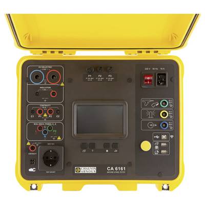 Ein gelbes elektrisches Prüfgerät mit verschiedenen Anschlüssen und einem Bildschirm in der Mitte. Modelle: 'C.A 6161'.