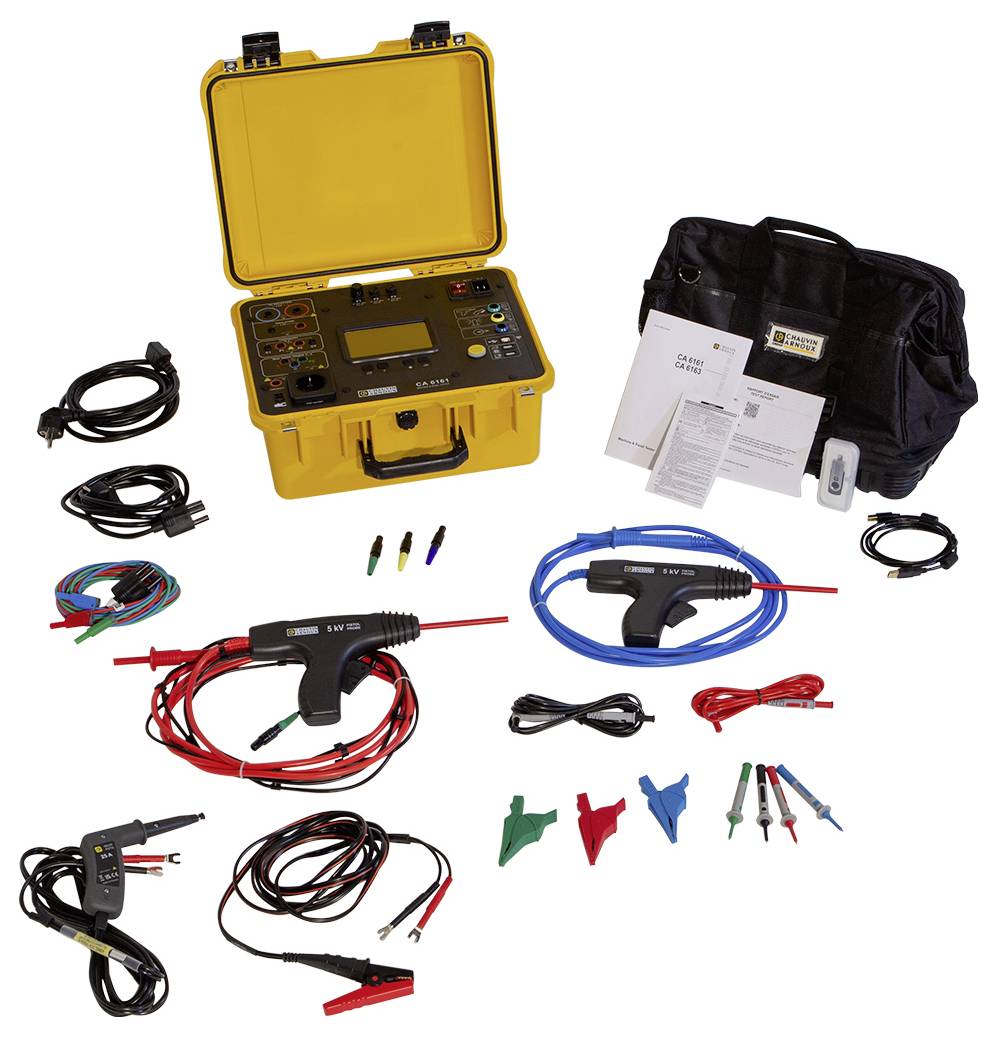 Ein elektrisches Testgerät-Set mit gelbem Koffer, Handgerät, Kabeln, Krokodilklemmen und Tasche. Enthält Handbücher und Zubehör.