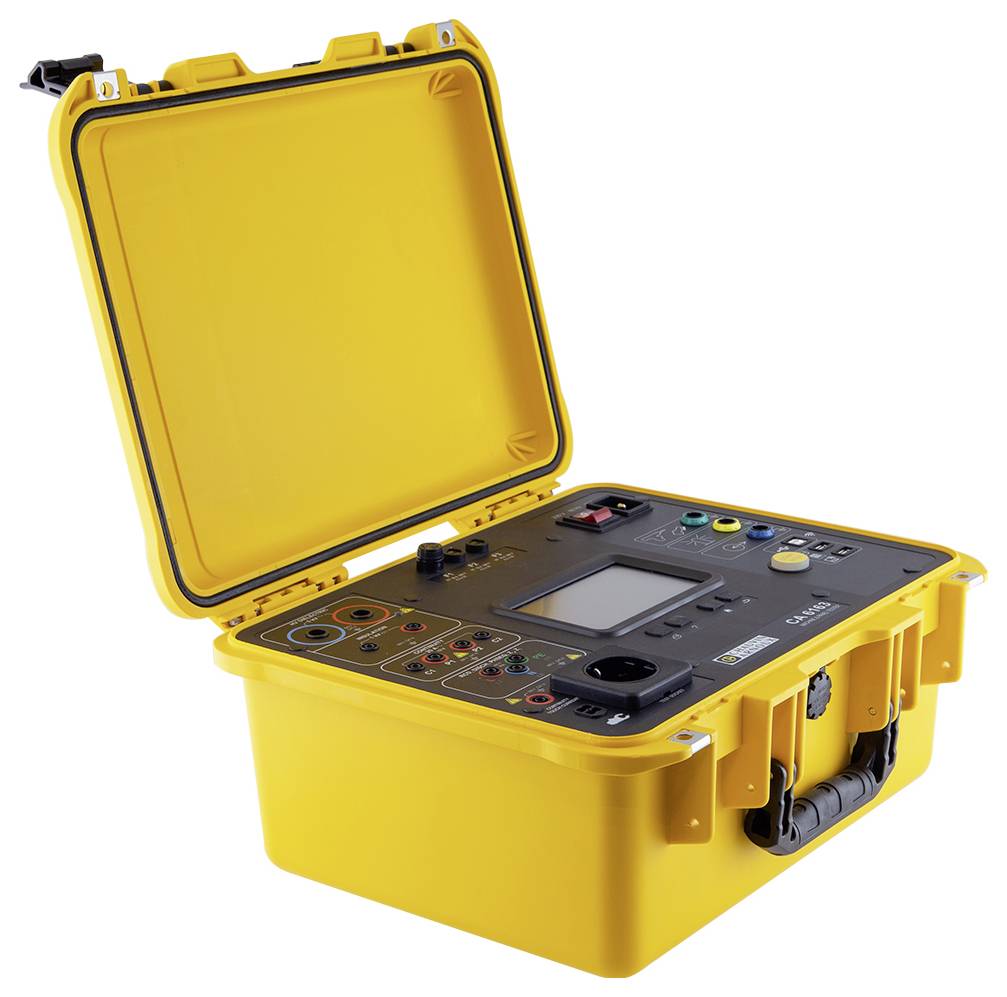 Gelbes tragbares Messgerät mit offenem Deckel, zeigt verschiedene Schalter und ein Display, möglicherweise für elektrische Tests.