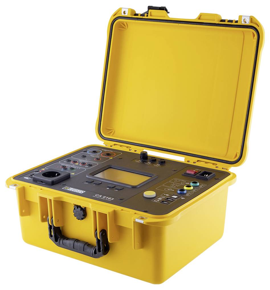 Gelbes tragbares Prüfgerät mit offenem Deckel, verschiedenen Schaltern und einem Display zur Kontrolle elektrischer Messungen.