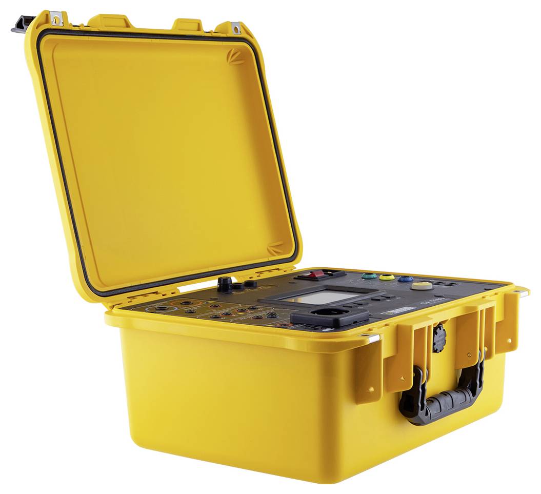 Ein offener gelber Koffer mit technischen Geräten und Kontrollknöpfen. Der Koffer hat einen Tragegriff und wird zur Steuerung genutzt.