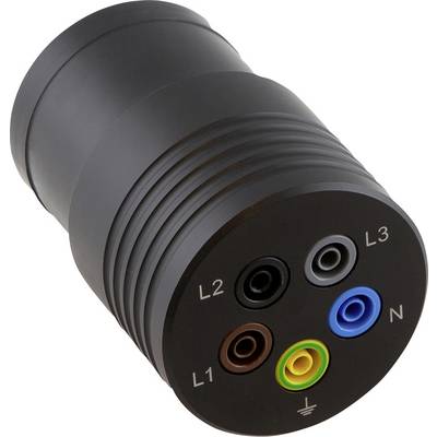 Adapter mit fünf Steckverbindungen, farblich markiert und beschriftet als 'L1', 'L2', 'L3', 'N' und Erdungssymbol.